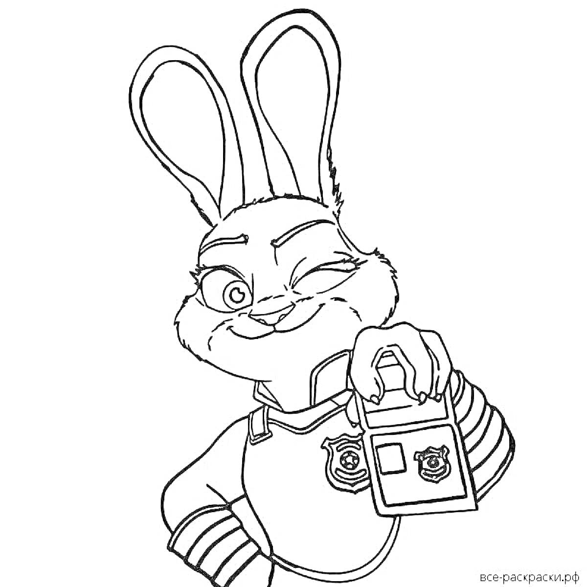 Раскраска Кролик-полицейский показывает служебное удостоверение