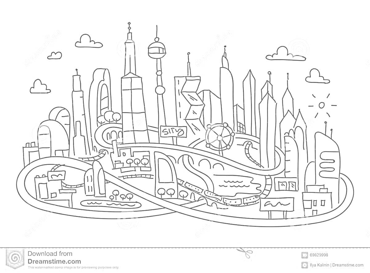 Раскраска Город будущего с небоскребами, дорогами, летательными аппаратами, солнечными панелями и облаками
