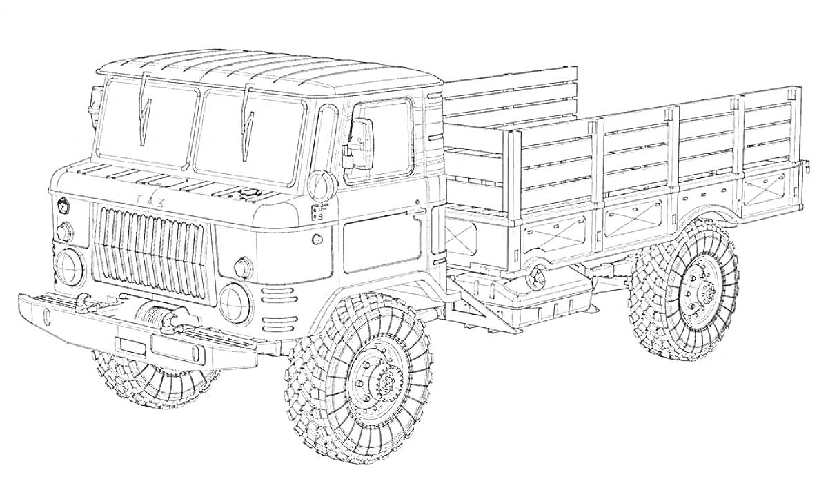 Раскраска Грузовик Урал с открытым кузовом и крупными колесами