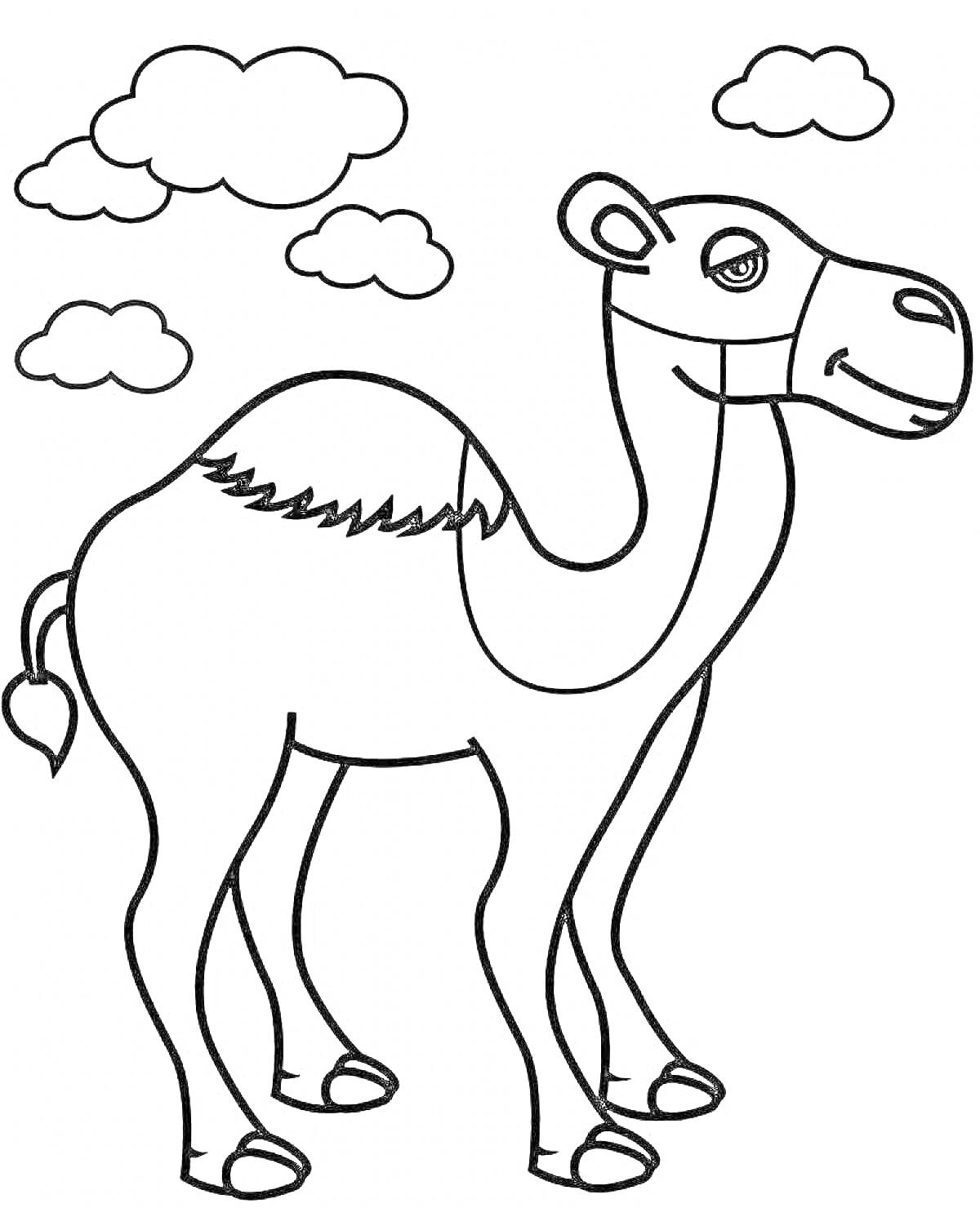 На раскраске изображено: Облака, Пустыня, Верблюд