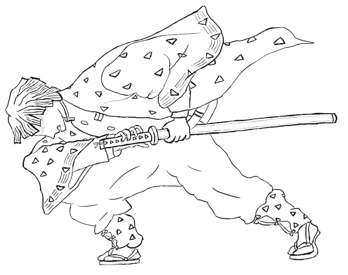 Раскраска Мечник в боевой стойке (Зеницу), облачён в хакама и жёлтое кимоно с треугольным узором, держит катану