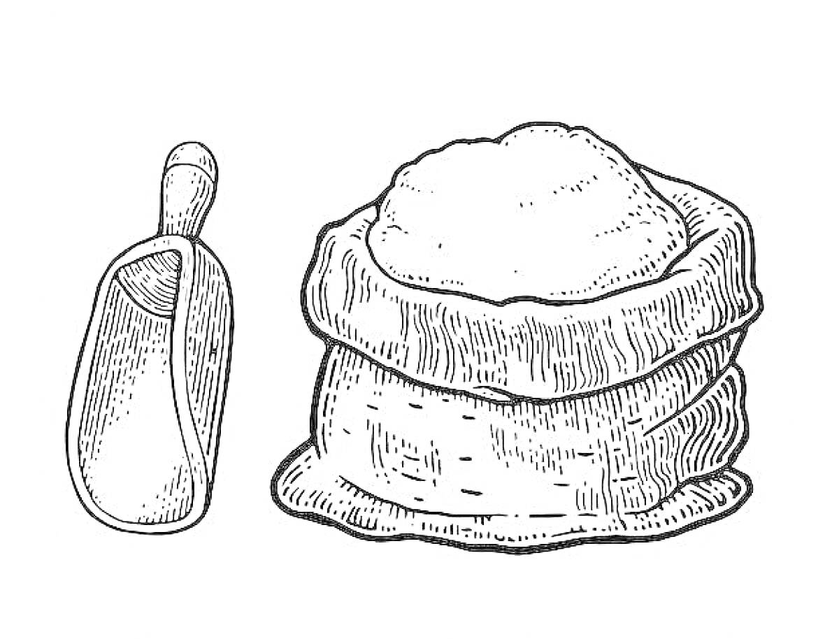 Раскраска Мешок с мукой и совком