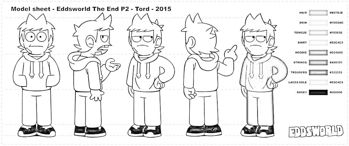 Раскраска Эддсворлд - Важно для анимации P2 - Торд - 2011, пять различных ракурсов персонажа в черно-белом, справа - цветовая палитра