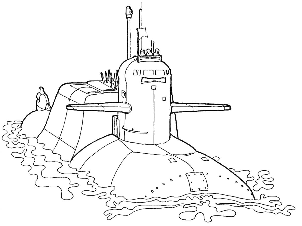 На раскраске изображено: Подводная лодка, Экипаж, Вода, Волны, Транспорт, Морской флот, Для детей 5-6 лет