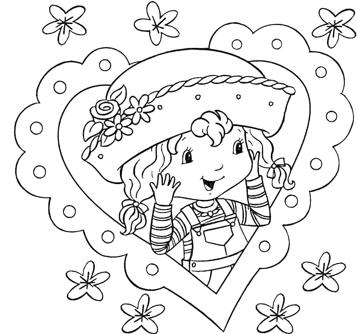 Раскраска Девочка в шляпе с цветами в сердечке, окружённая цветочками
