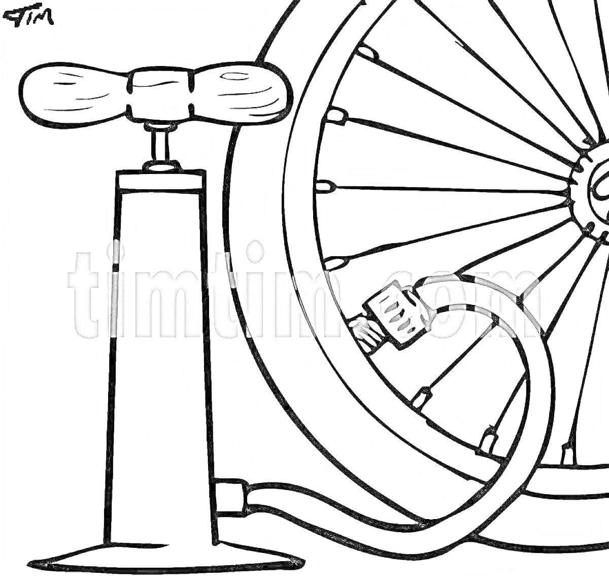 На раскраске изображено: Велосипед, Шланг, Инструмент, Колеса