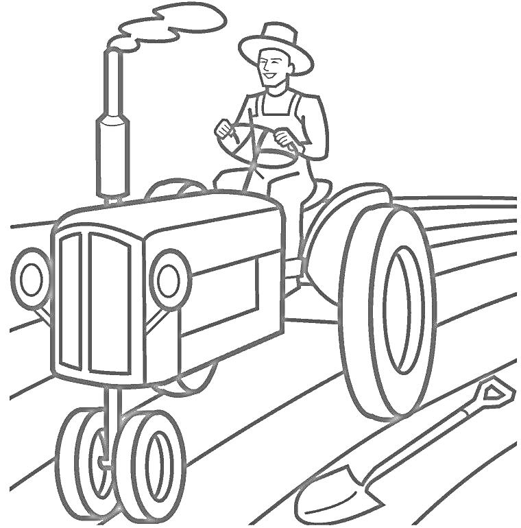Трактор с фермером на поле с лопатой