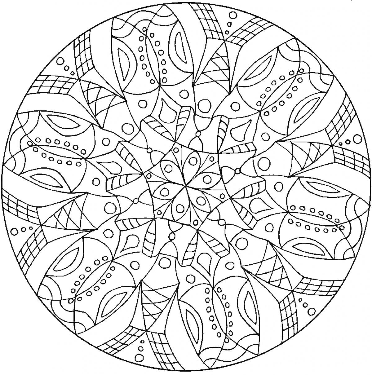 Мандала с геометрическими узорами, включающими линии, точки, дуги и замкнутые петли