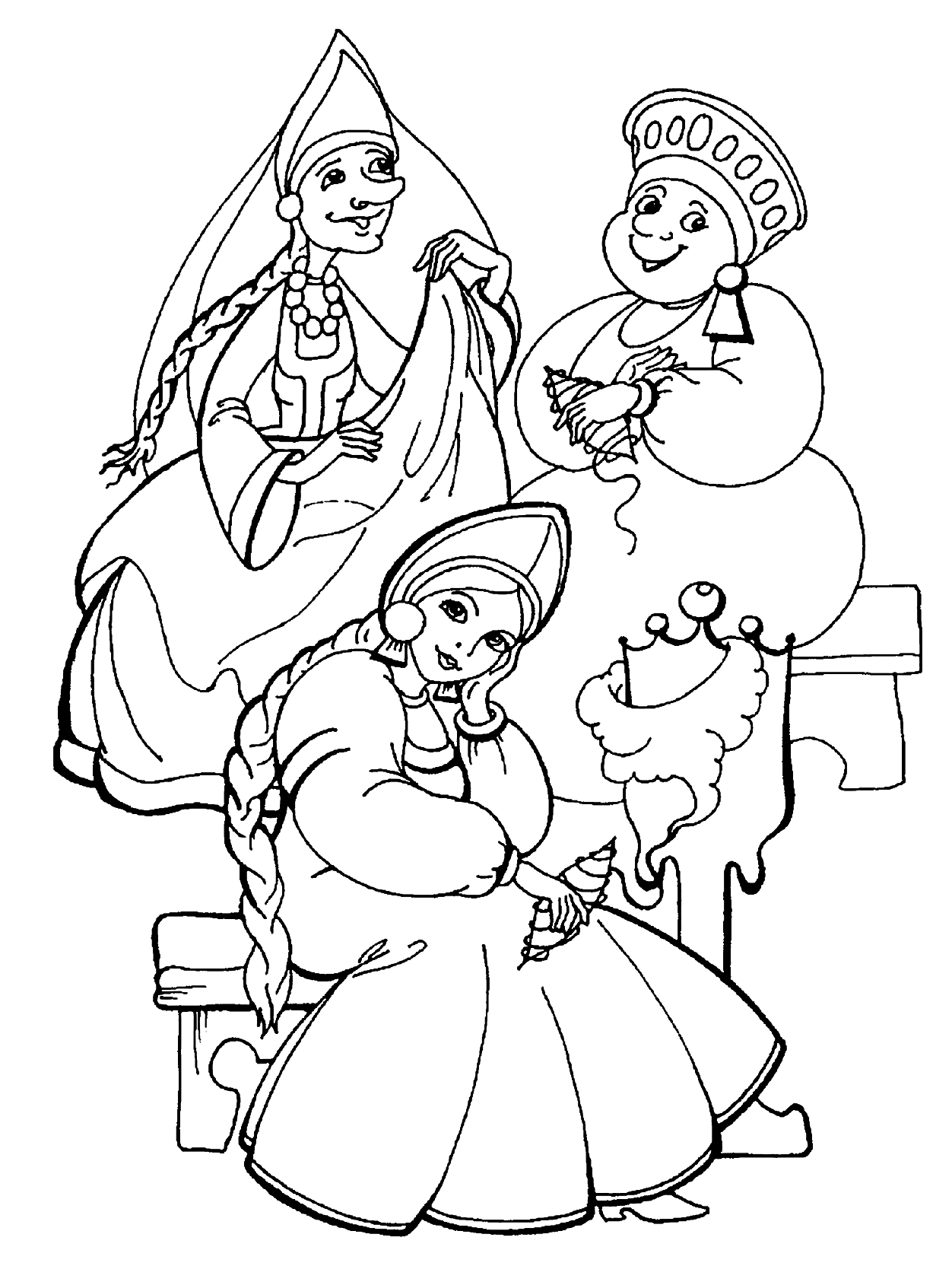 Раскраска Три сестры в традиционных русских костюмах, сидящие на лавке