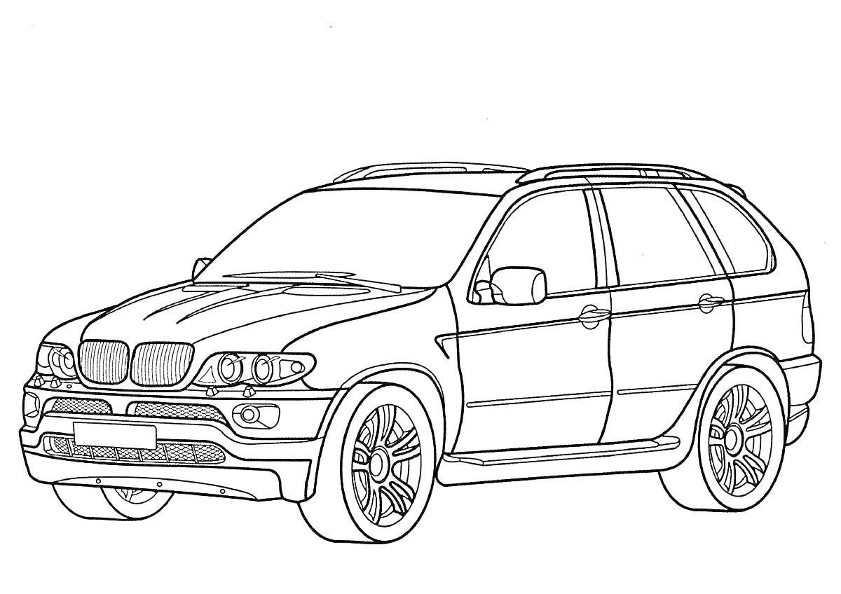 BMW машина, вид сбоку, колеса, фары, зеркала, решетка радиатора, дверь, окна, крыша