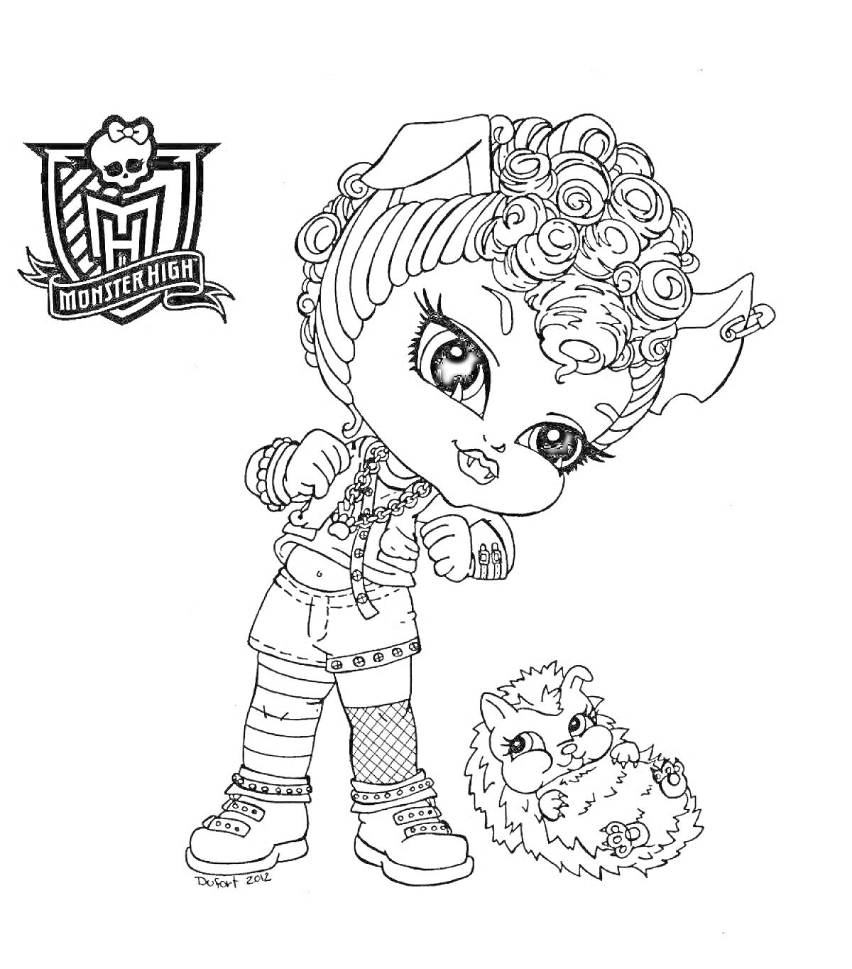 Раскраска Монстр Хай - персонаж с ушками, завитыми волосами и кудрявой прической, стоящий в позе боксера рядом с питомцем и логотипом Monster High
