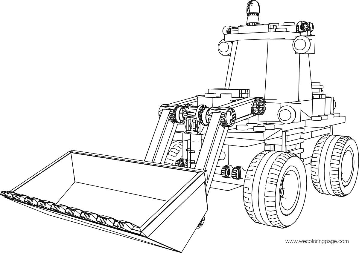 Раскраска Грейдер с широким ковшом и массивными колесами
