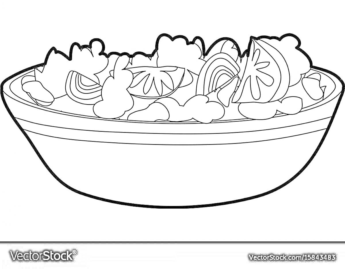 Раскраска Фруктовый салат с кусочками различных фруктов (ягоды, апельсин, яблоко, арбуз, ананас)