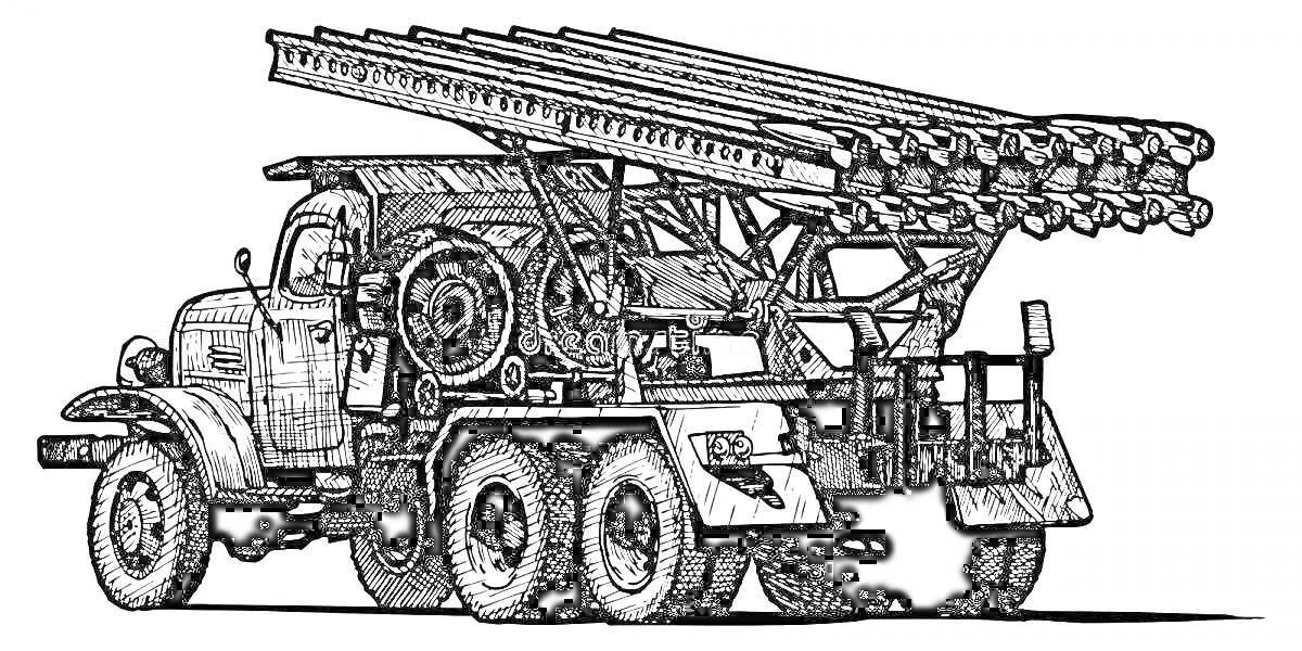 Раскраска Грузовик с ракетной установкой Катюша на военной машине