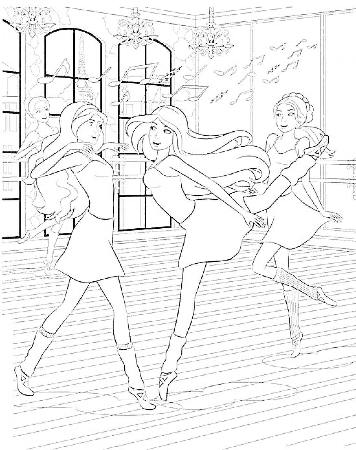 Балетная студия с тремя танцующими балеринами и одной балериной у зеркала, музыкальные ноты на стене, люстры на потолке, большие окна
