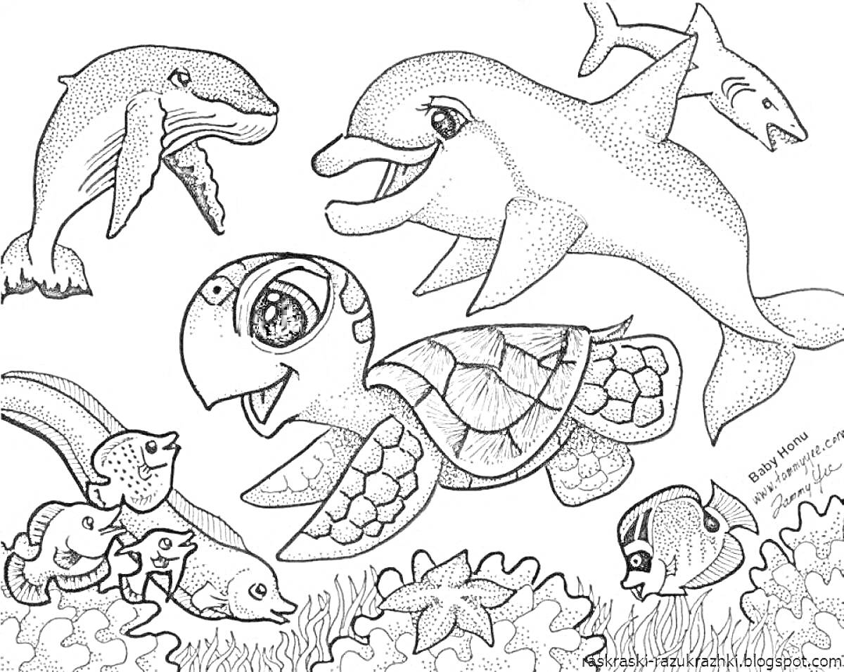 На раскраске изображено: Морские животные, Черепаха, Подводный мир, Кораллы, Море