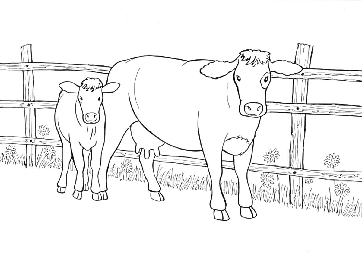 Раскраска Корова и теленок на фоне забора и травы