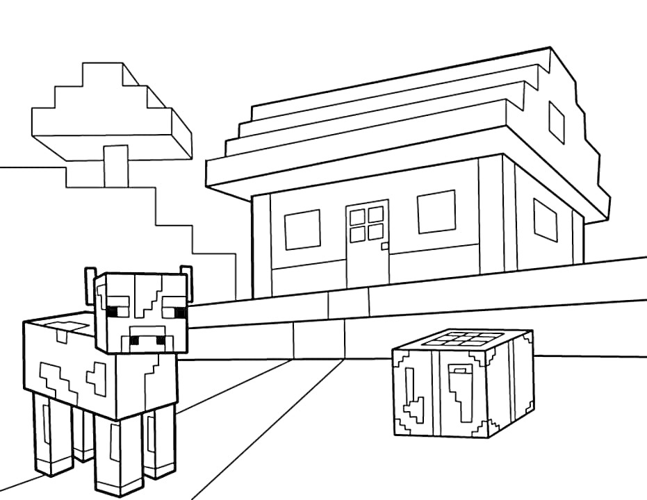 Раскраска Деревня в Minecraft с домом, коровой и ящиком.