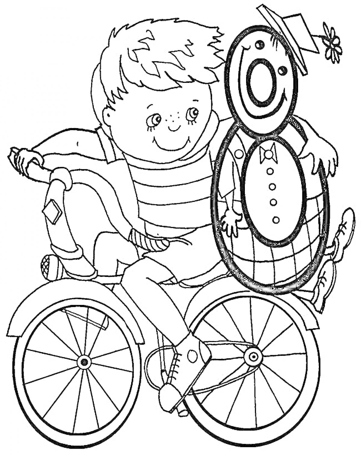 Раскраска Мальчик на велосипеде с говорящим снеговиком в форме цифры 8