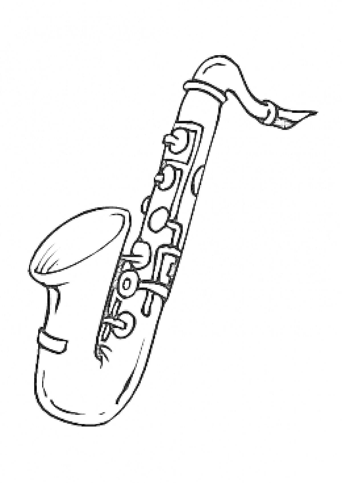 Раскраска Саксофон с мундштуком и клавишами на корпусе