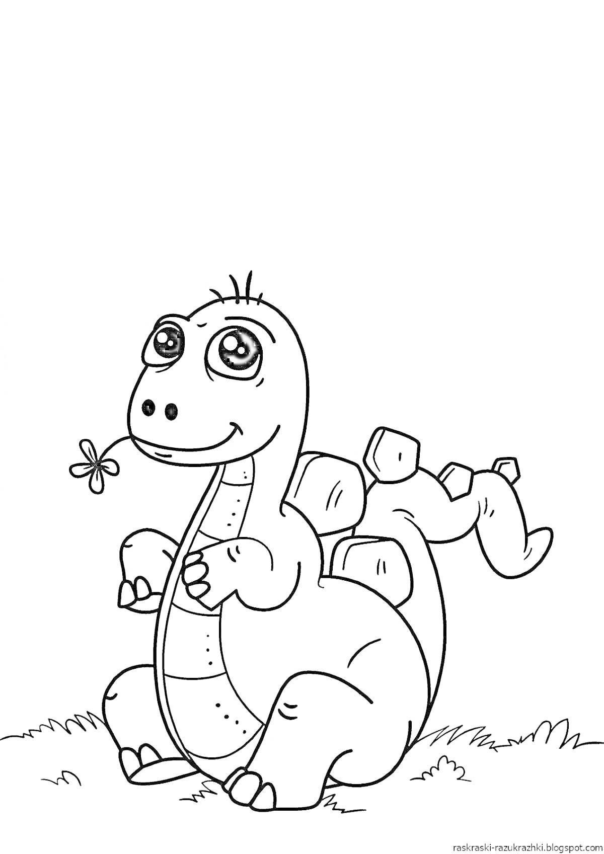 Раскраска Динозаврик с ромашкой, сидящий на траве