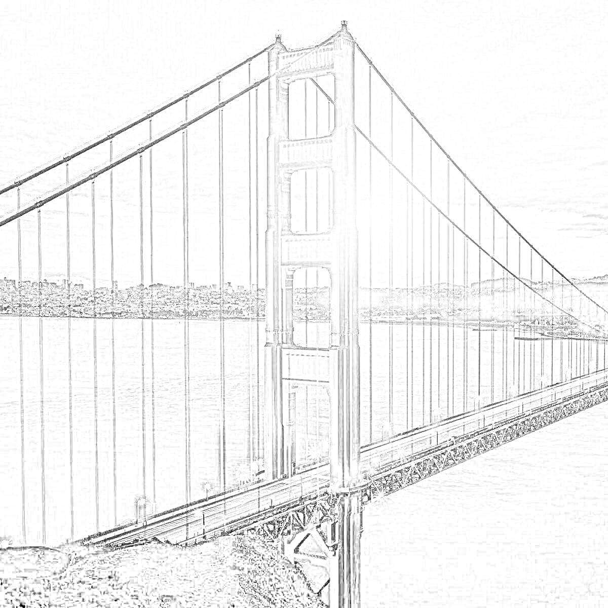 На раскраске изображено: Мост, Золотые ворота, Закат, Вода, Архитектура, Природа, Пейзаж, Сан-Франциско