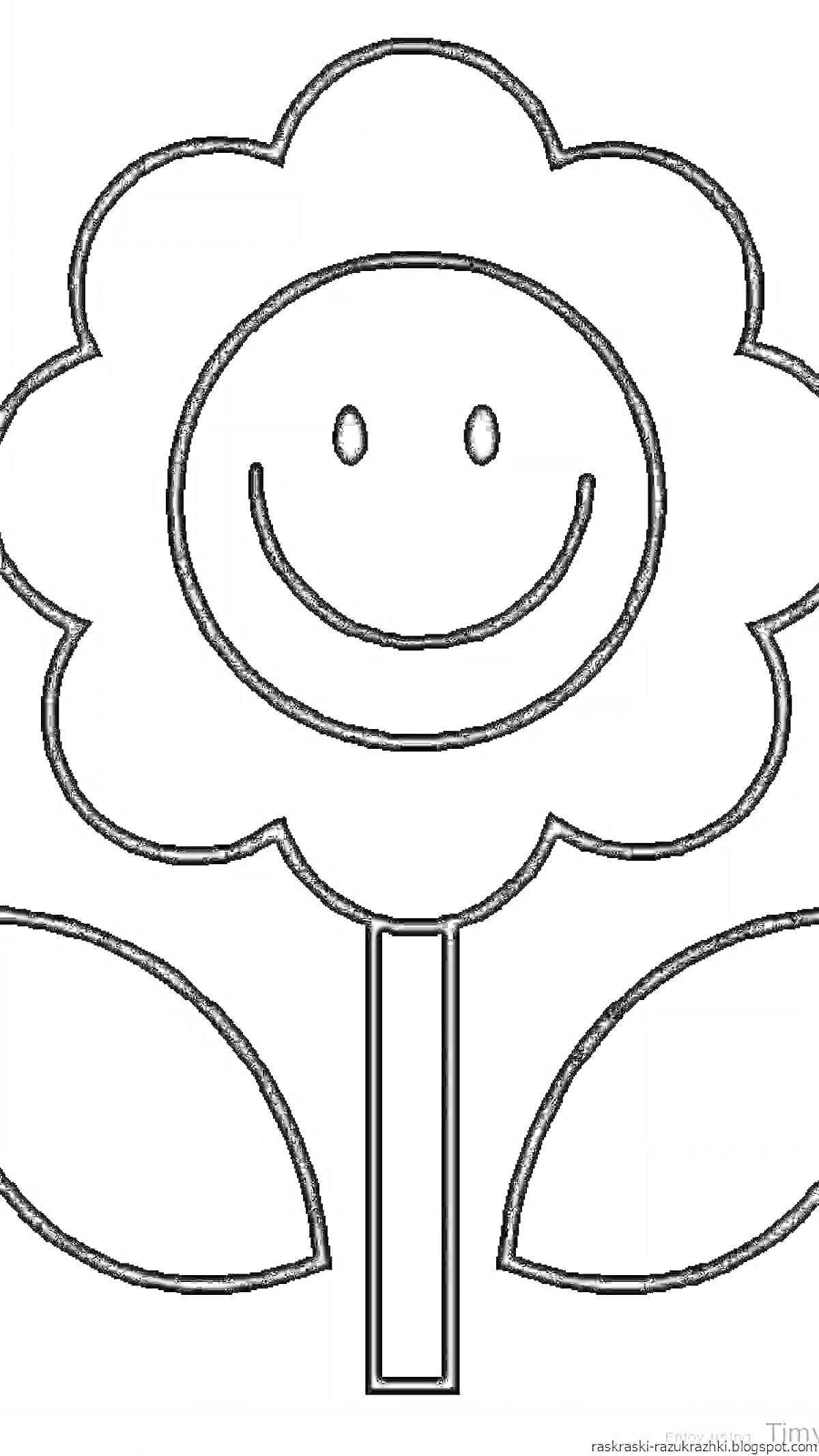 Раскраска Цветок с улыбающимся лицом и двумя листьями