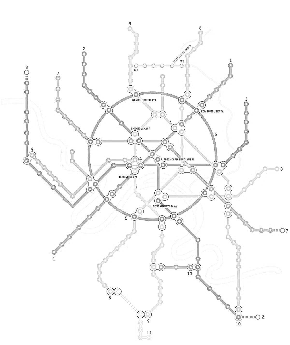 Схема метро с круговой линией и радиальными линиями
