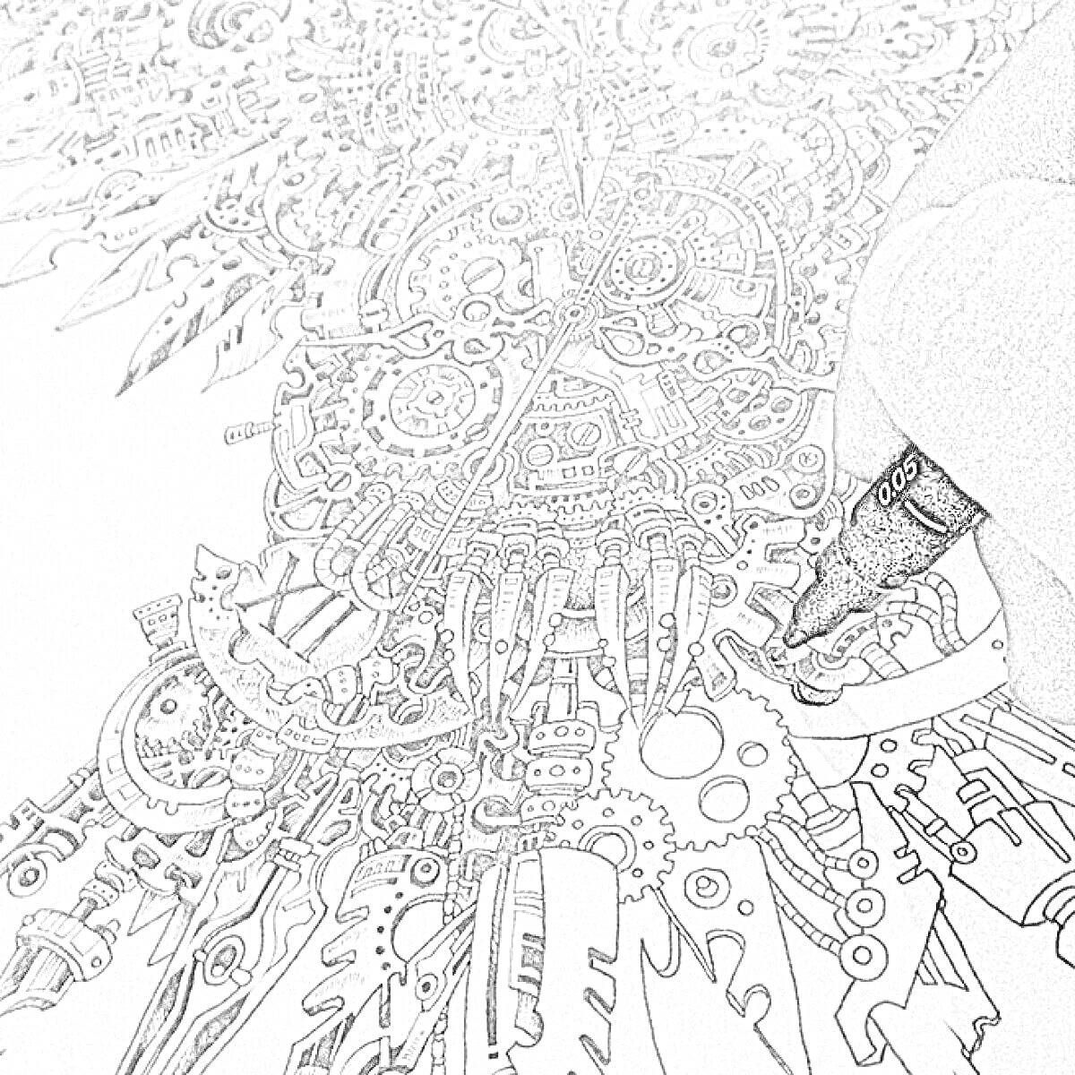 Раскраска Рисование деталей механизма черной ручкой на черно-белом рисунке