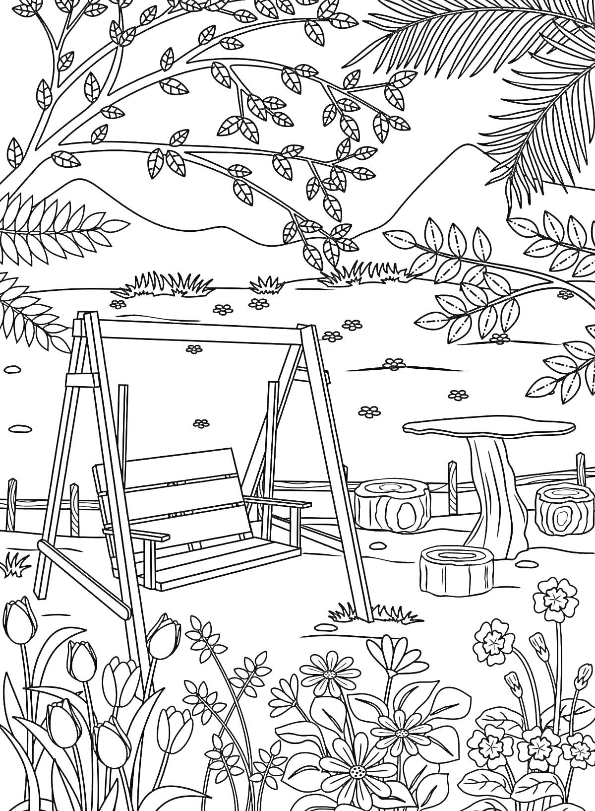 Раскраска Парк с качелями, деревьями, цветами и горным фоном