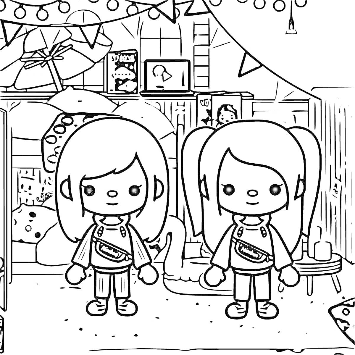 Две девочки в комнате с гирляндами, шкафом, игрушками, книгами и праздничным декором
