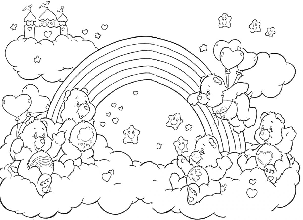 Раскраска Медвежата в облаках с радугой, воздушными шарами, сердцами, замком и звездами