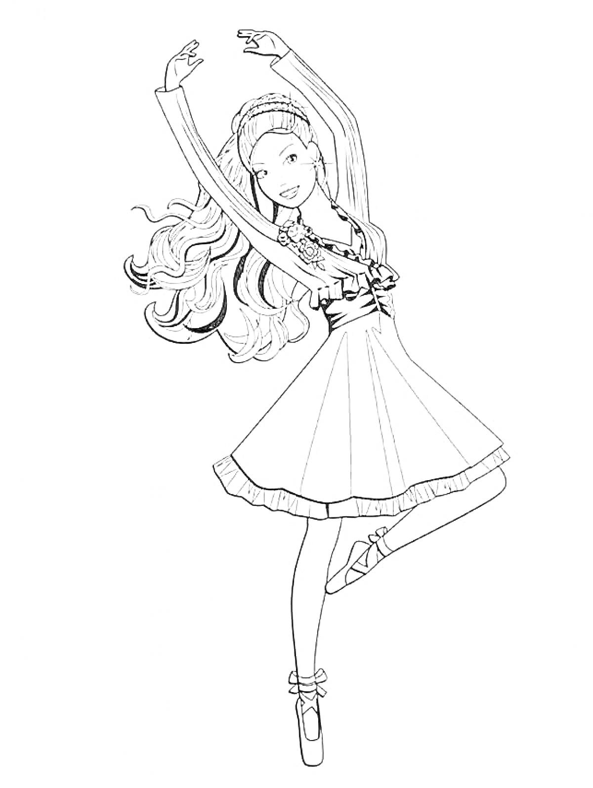 Раскраска Балерина с длинными волосами, в балетной пачке, стоящая на пуантах и поднявшая руки вверх