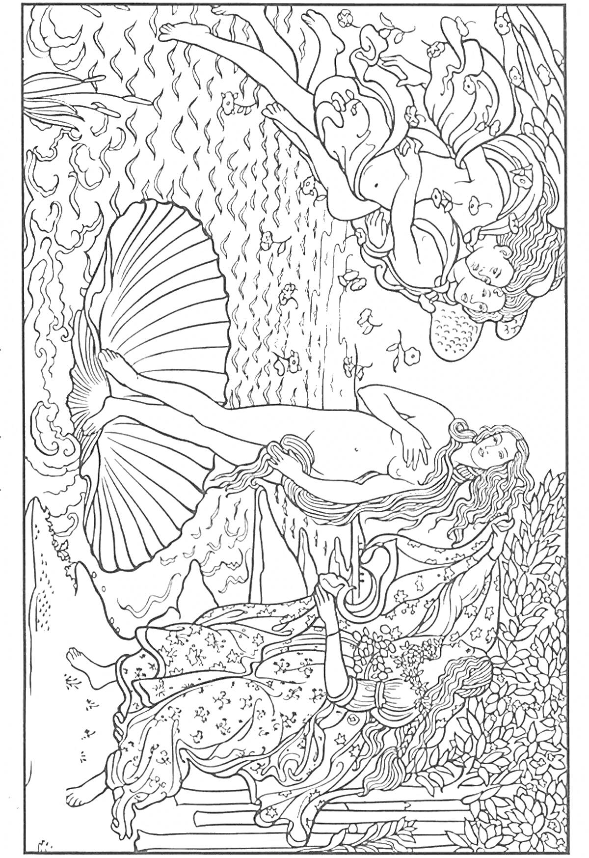 Раскраска Венера на раковине, два ангела над головой, женщина на берегу с тканью, волны, цветы, дерево