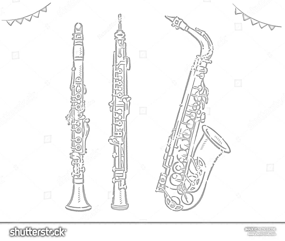 Раскраска Кларнет, гобой и саксофон на праздничном фоне