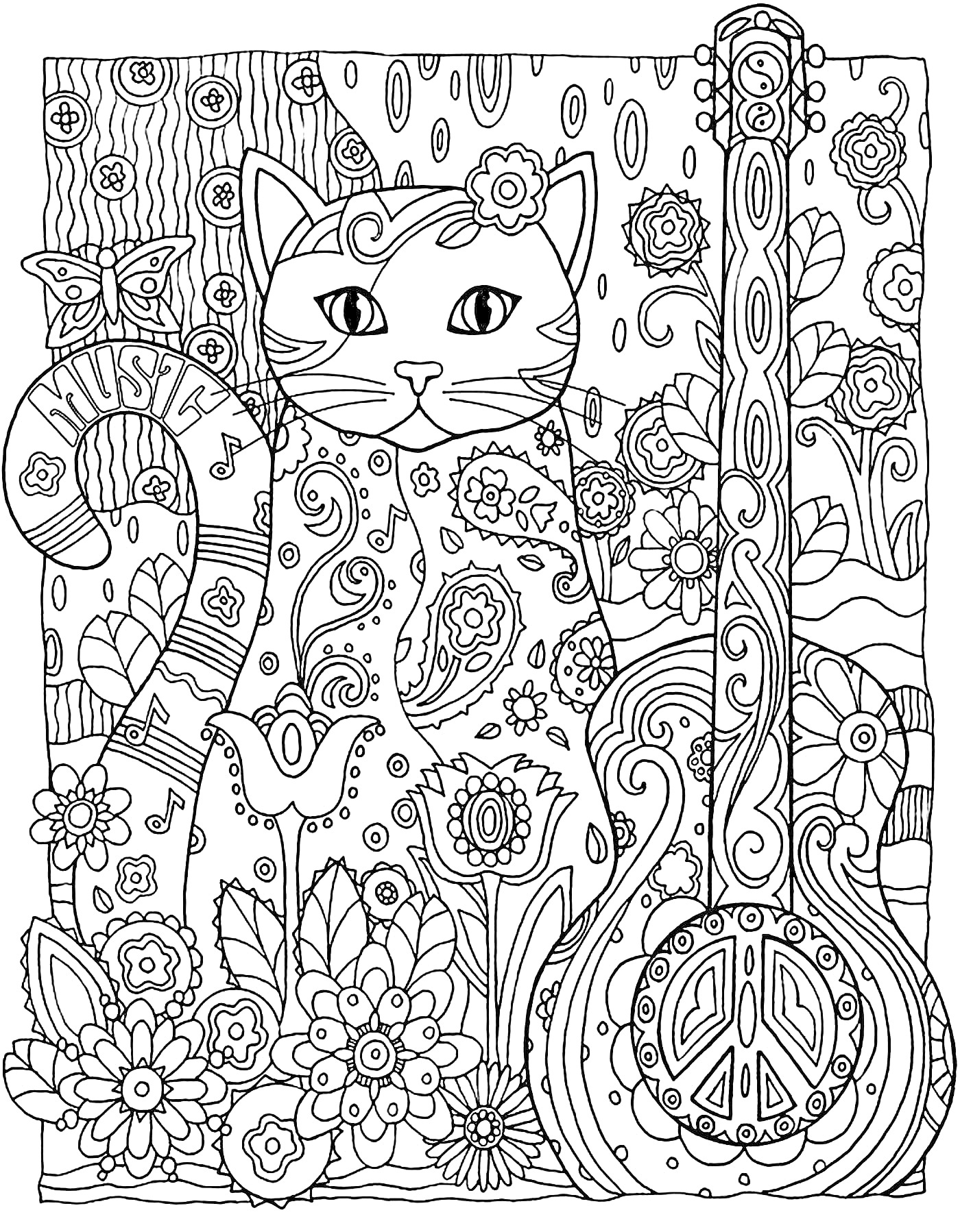 Раскраска Кошка с гибсоновской гитарой и цветочными узорами