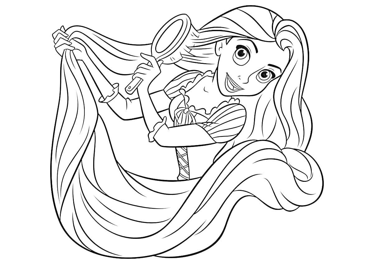 На раскраске изображено: Рапунцель, Длинные волосы, Расческа, Принцесса, Творчество