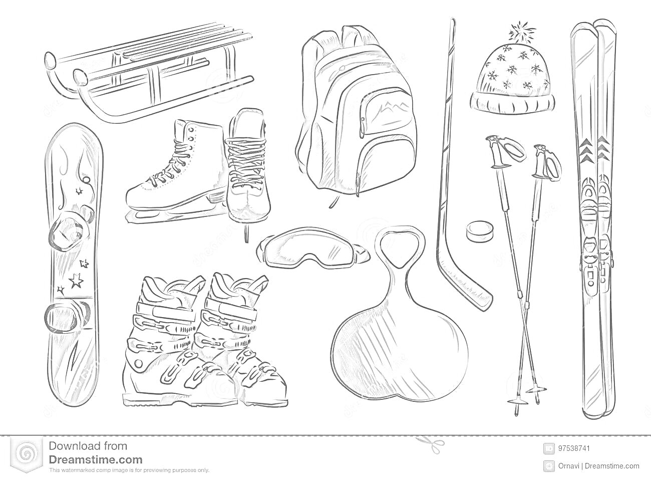 Раскраска санки, рюкзак, несколько пар коньков, горнолыжные палки, лыжи, шапка, мяч, сноуборд, маска, инструменты для ледяного катания