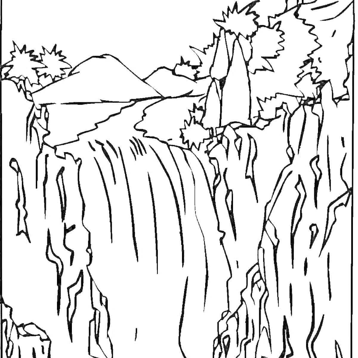 На раскраске изображено: Водопад, Горы, Деревья, Пейзаж, Природа, Лес, Вершины