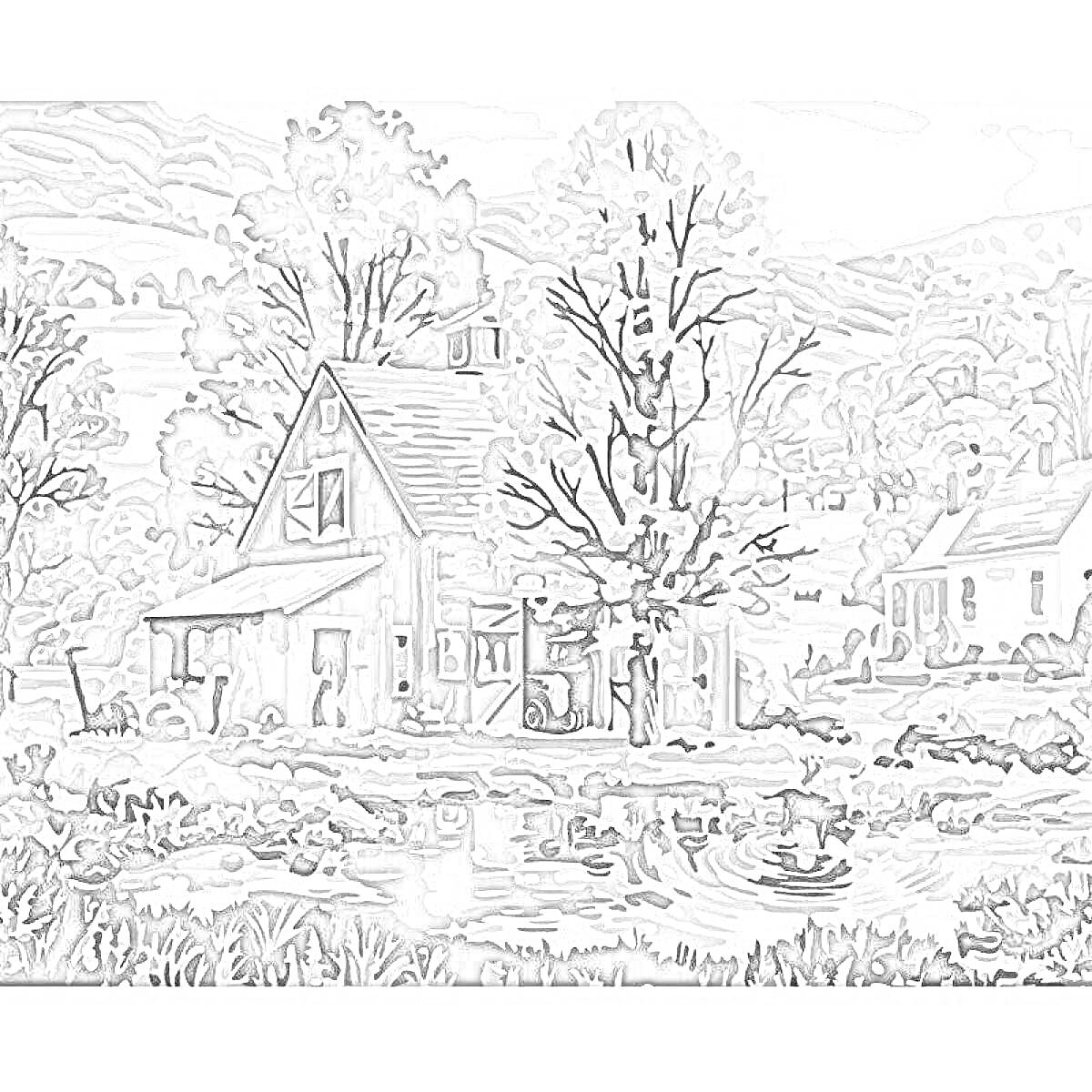 Раскраска Деревенский пейзаж с домами, деревьями и прудом