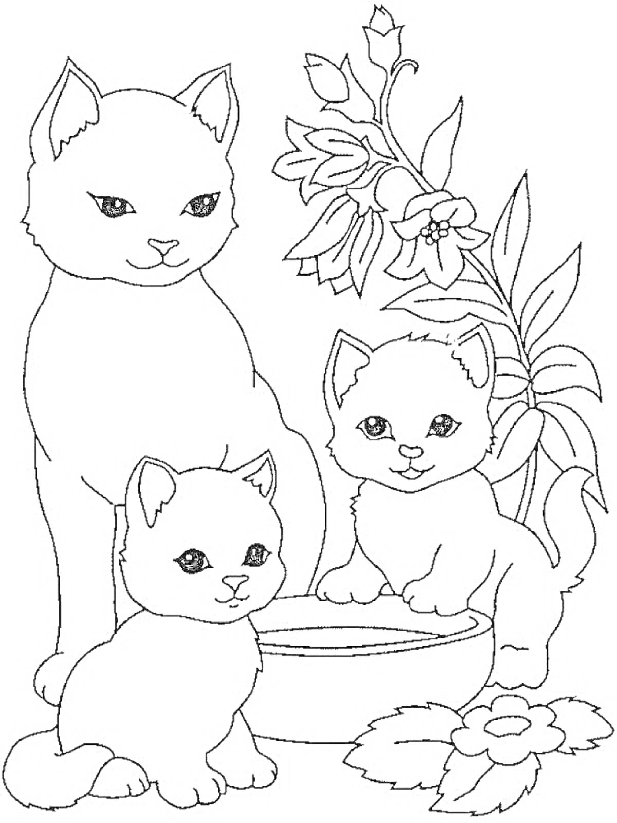 Раскраска Большая кошка с двумя котятами рядом с цветком и миской