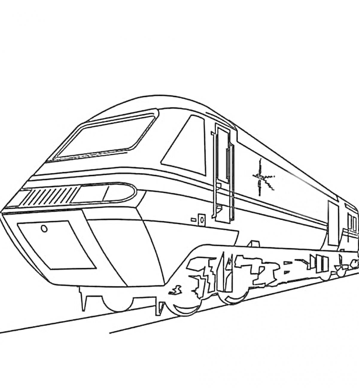 Раскраска поезд на железнодорожных путях с ветровым стеклом, полосами и звездой на боку вагона