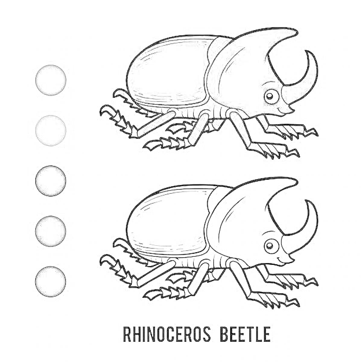 Раскраска Раскраска с жуком-носорогом, цветовой образец с пятью оттенками серого, надпись RHINOCEROS BEETLE