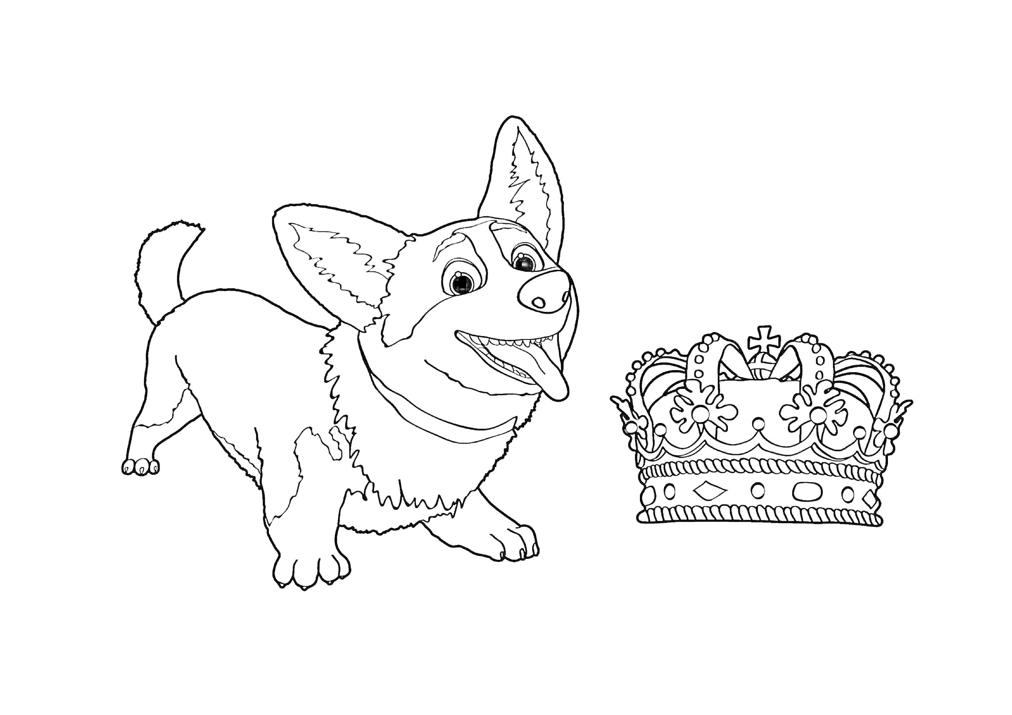 На раскраске изображено: Корги, Собака, Корона, Для детей, Игра, Принц, Принцесса