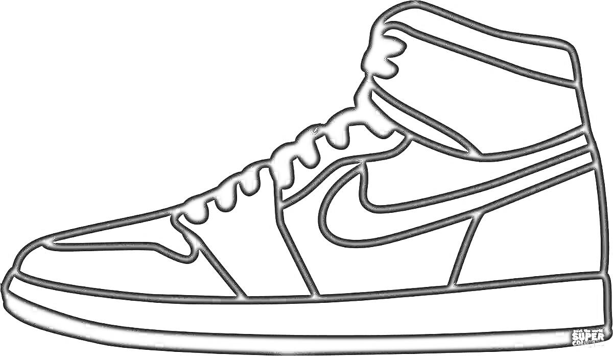 На раскраске изображено: Nike, Спортивная обувь, Шнуровка, Обувь
