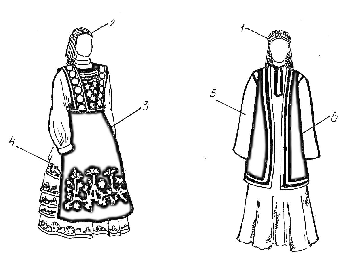 Раскраска Башкирский народный костюм с детализацией элементов Элементы на изображении: 1. Головной убор 2. Вышитая рубаха 3. Стан 4. Украшенный фартук 5. Жилет 6. Юбка