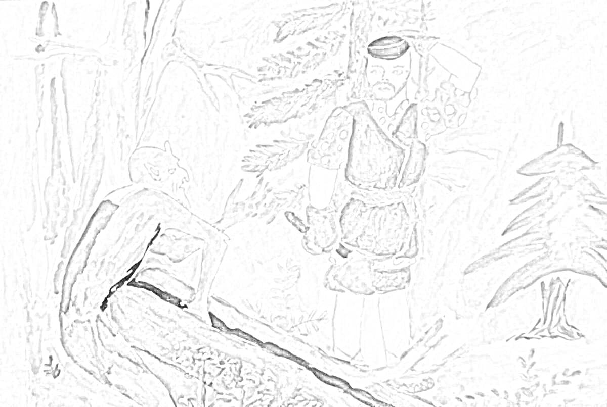 На раскраске изображено: Шурале, Лес, Традиционная одежда, Поваленное дерево, Встреча, Лесное существо, Деревья, Природа