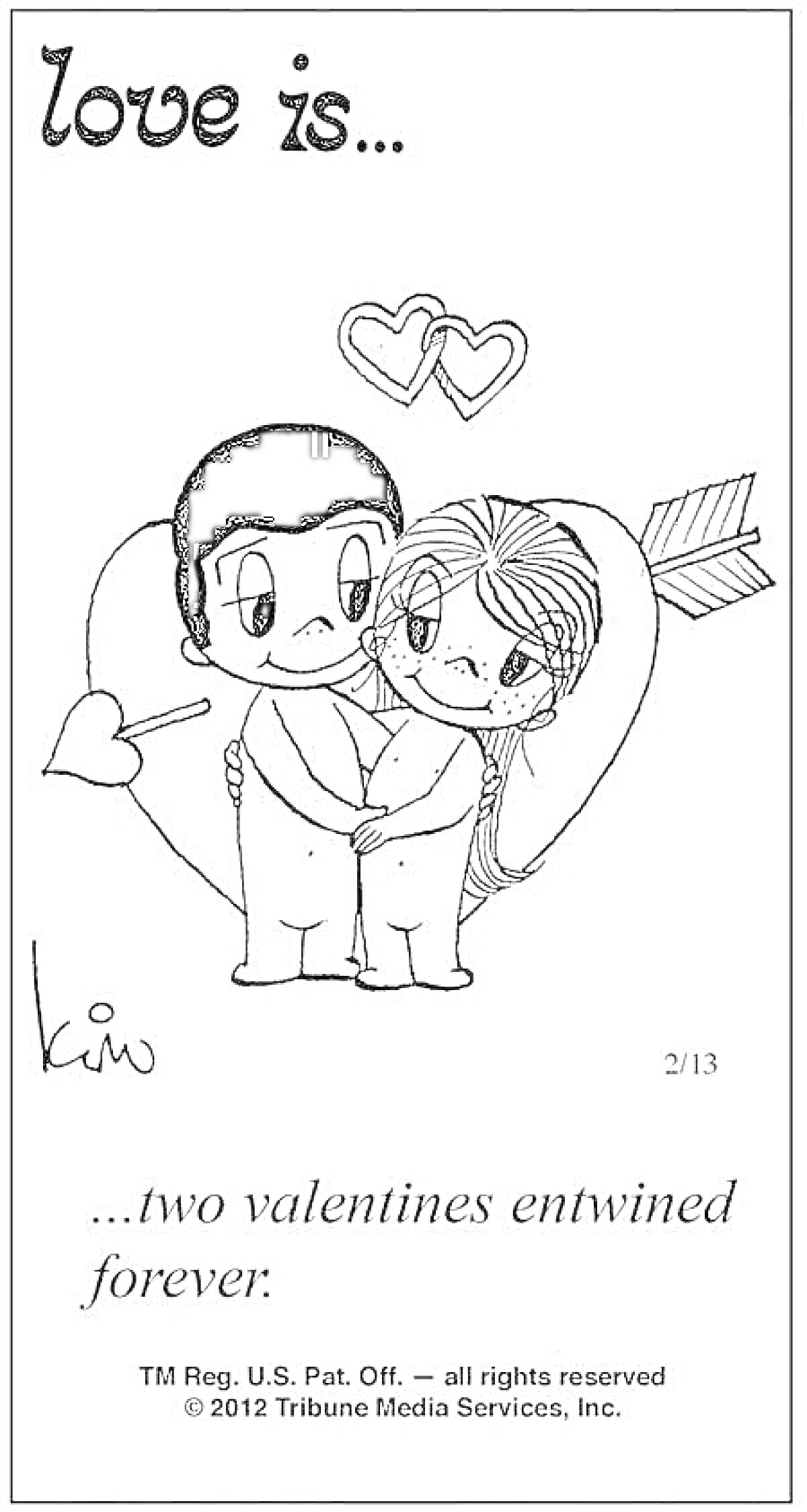 Раскраска два валентина, сплетенные навсегда: двое людей, обнимающихся на фоне сердца с сердцем-стрелой, держащиеся за руки
