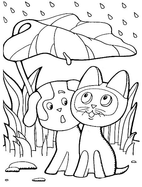 Раскраска Котенок по имени Гав и его друг под листом лопуха в дождливый день