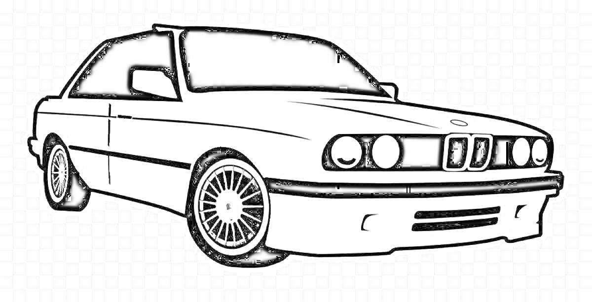 Раскраска Силуэт автомобиля BMW E34 с деталями светодиодных фар, решеткой радиатора, боковыми зеркалами, колесными дисками и передним бампером.